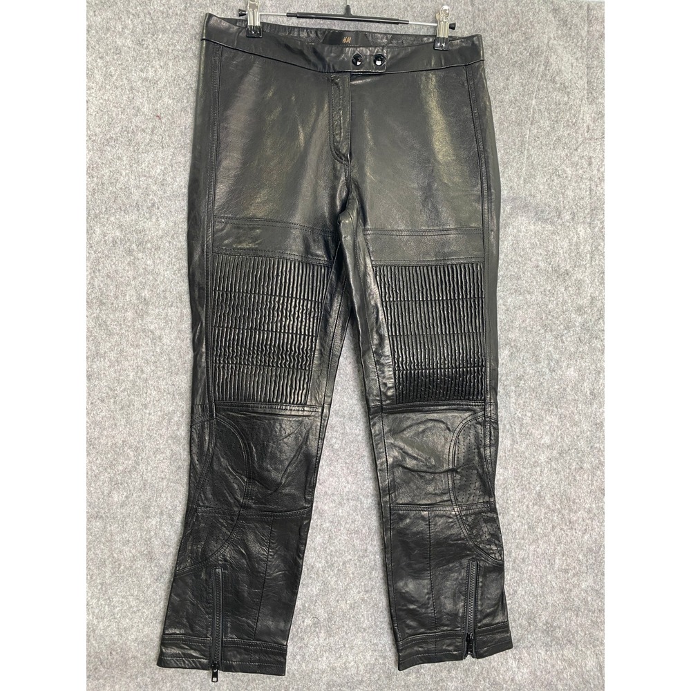 H&M Black Genuine Soft Leather Cropped Moto Pants